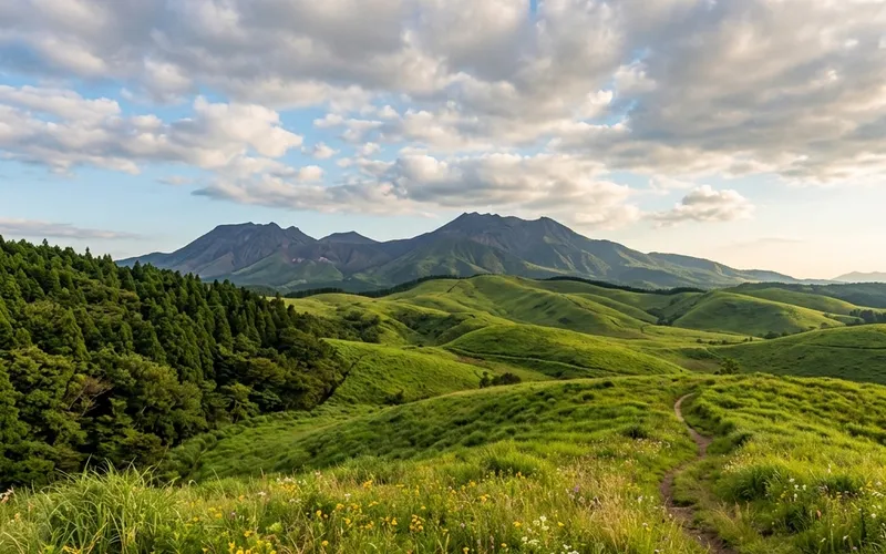 鹿児島・霧島の緑豊かな山並みと草地