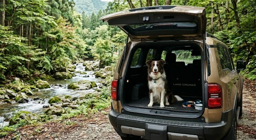 森の渓流沿いに停めたランドクルーザーの荷室に座るボーダーコリー