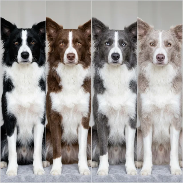 犬の毛色の基本4色 — ブラック、チョコレート、ブルー、ライラックのボーダーコリー