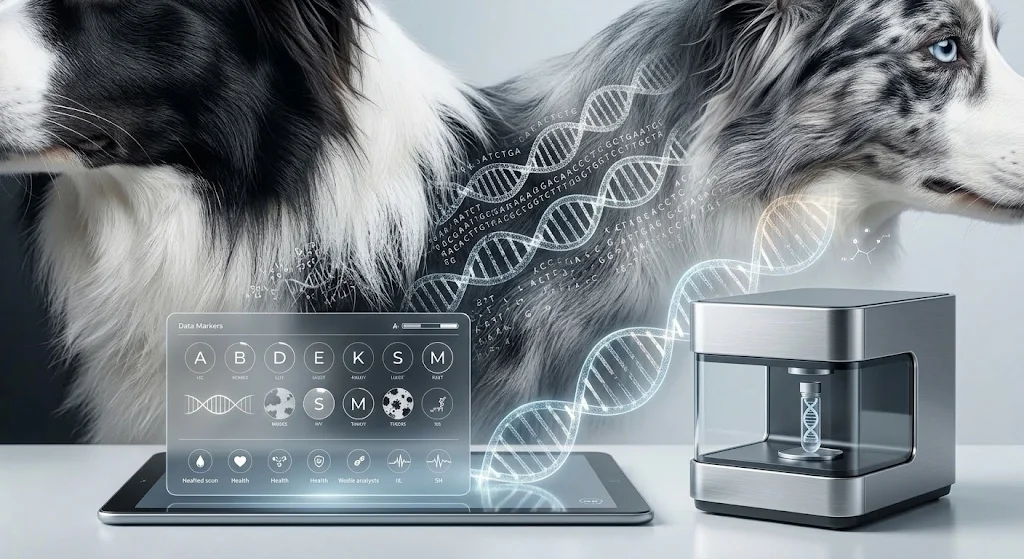 ボーダーコリーとDNA二重螺旋、遺伝子マーカー解析タブレットが描かれた毛色遺伝学のイメージ