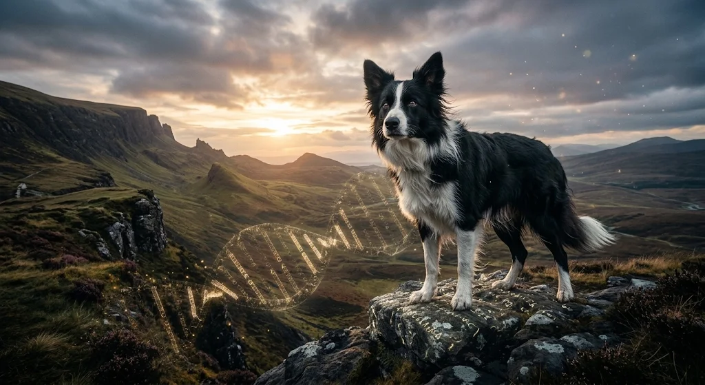 夕暮れのスコットランド高原の岩場に立つボーダーコリーとDNA二重らせんが融合した幻想的なイメージ